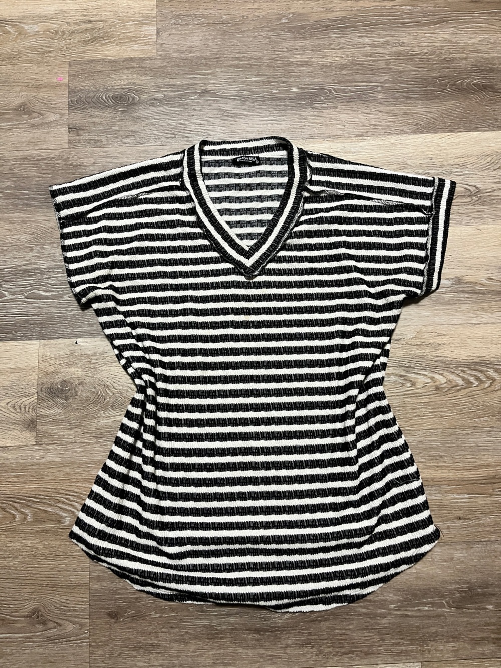 V-Neck Black & White Striped Knit Top